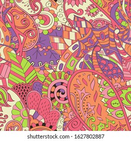 Tracery seamless pattern. Mehndi design. Ethnic colorful doodle texture. Curved doodling background. Vector