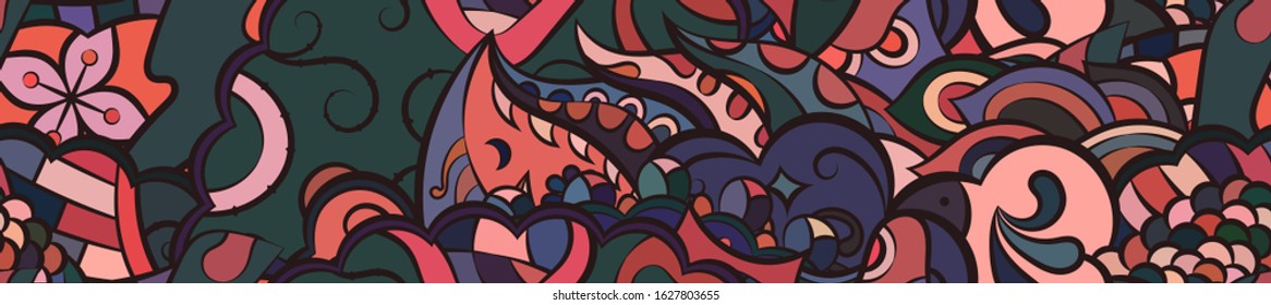 Tracery seamless pattern. Mehndi design. Ethnic colorful doodle texture. Curved doodling background. Vector