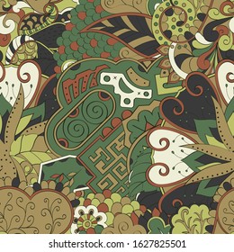 Tracery seamless pattern. Mehndi design. Ethnic colorful doodle texture. Curved doodling background. Vector