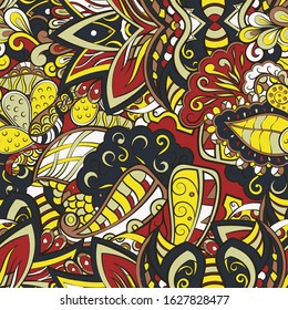 Tracery seamless pattern. Mehndi design. Ethnic colorful doodle texture. Curved doodling background. Vector