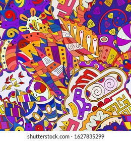 Tracery seamless pattern. Mehndi design. Ethnic colorful doodle texture. Curved doodling background. Vector