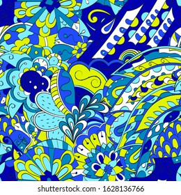 Tracery seamless pattern. Mehndi design. Ethnic colorful doodle texture. Curved doodling background. Vector