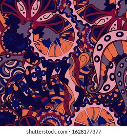 Tracery seamless pattern. Mehndi design. Ethnic colorful doodle texture. Curved doodling background. Vector