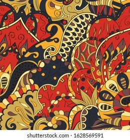 Tracery seamless pattern. Mehndi design. Ethnic colorful doodle texture. Curved doodling background. Vector