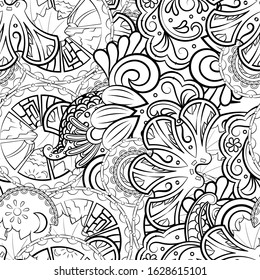 Tracery seamless pattern. Mehndi design. Ethnic monochrome binary doodle texture. Curved doodling black and white background. Vector