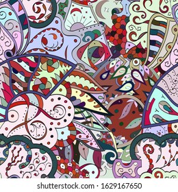 Tracery seamless pattern. Mehndi design. Ethnic colorful doodle texture. Curved doodling background. Vector