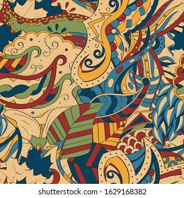 Tracery seamless pattern. Mehndi design. Ethnic colorful doodle texture. Curved doodling background. Vector