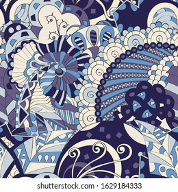 Tracery seamless pattern. Mehndi design. Ethnic colorful doodle texture. Curved doodling background. Vector