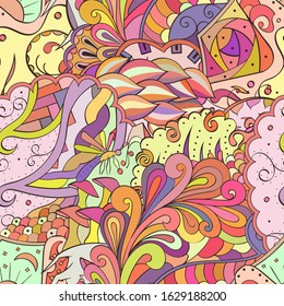 Tracery seamless pattern. Mehndi design. Ethnic colorful doodle texture. Curved doodling background. Vector