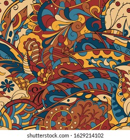 Tracery seamless pattern. Mehndi design. Ethnic colorful doodle texture. Curved doodling background. Vector