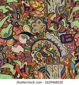 Tracery seamless pattern. Mehndi design. Ethnic colorful doodle texture. Curved doodling background. Vector