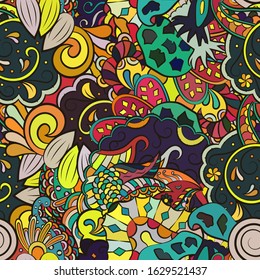 Tracery seamless pattern. Mehndi design. Ethnic colorful doodle texture. Curved doodling background. Vector