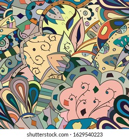 Tracery seamless pattern. Mehndi design. Ethnic colorful doodle texture. Curved doodling background. Vector