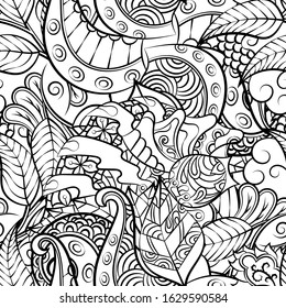 Tracery seamless pattern. Mehndi design. Ethnic monochrome binary doodle texture. Curved doodling black and white background. Vector