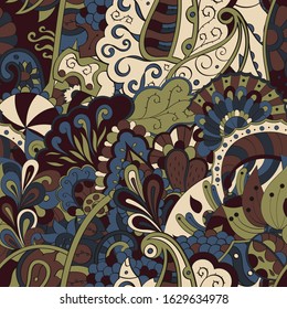 Tracery seamless pattern. Mehndi design. Ethnic colorful doodle texture. Curved doodling background. Vector