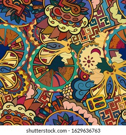 Tracery seamless pattern. Mehndi design. Ethnic colorful doodle texture. Curved doodling background. Vector