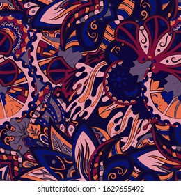 Tracery seamless pattern. Mehndi design. Ethnic colorful doodle texture. Curved doodling background. Vector