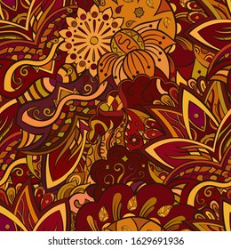Tracery seamless pattern. Mehndi design. Ethnic colorful doodle texture. Curved doodling background. Vector