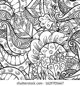 Tracery seamless pattern. Mehndi design. Ethnic monochrome binary doodle texture. Curved doodling black and white background. Vector
