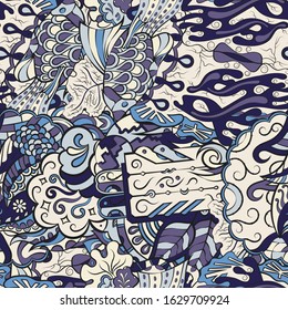 Tracery seamless pattern. Mehndi design. Ethnic colorful doodle texture. Curved doodling background. Vector