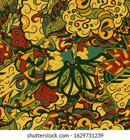 Tracery seamless pattern. Mehndi design. Ethnic colorful doodle texture. Curved doodling background. Vector