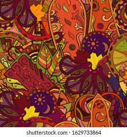 Tracery seamless pattern. Mehndi design. Ethnic colorful doodle texture. Curved doodling background. Vector