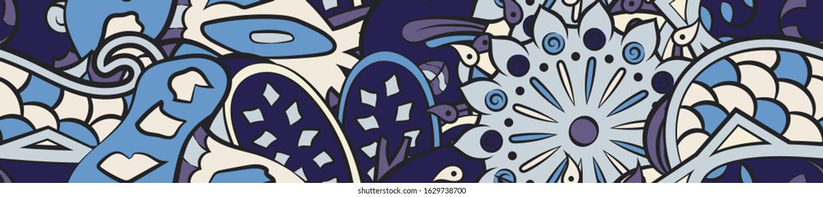 Tracery seamless pattern. Mehndi design. Ethnic colorful doodle texture. Curved doodling background. Vector