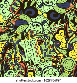 Tracery seamless pattern. Mehndi design. Ethnic colorful doodle texture. Curved doodling background. Vector
