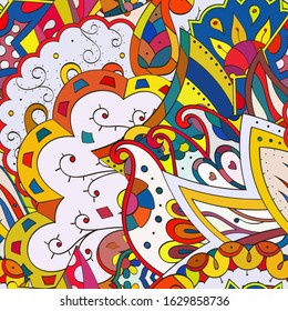Tracery seamless pattern. Mehndi design. Ethnic colorful doodle texture. Curved doodling background. Vector