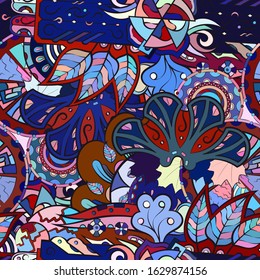 Tracery seamless pattern. Mehndi design. Ethnic colorful doodle texture. Curved doodling background. Vector