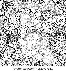 Tracery seamless pattern. Mehndi design. Ethnic monochrome binary doodle texture. Curved doodling black and white background. Vector