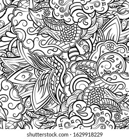 Tracery seamless pattern. Mehndi design. Ethnic monochrome binary doodle texture. Curved doodling black and white background. Vector