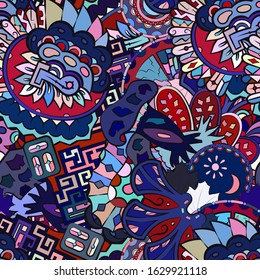 Tracery seamless pattern. Mehndi design. Ethnic colorful doodle texture. Curved doodling background. Vector