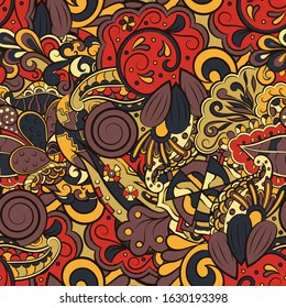 Tracery seamless pattern. Mehndi design. Ethnic colorful doodle texture. Curved doodling background. Vector