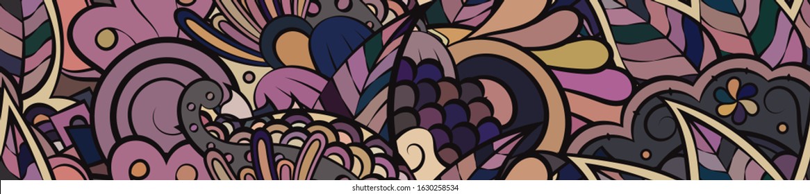 Tracery seamless pattern. Mehndi design. Ethnic colorful doodle texture. Curved doodling background. Vector
