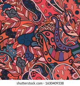 Tracery seamless pattern. Mehndi design. Ethnic colorful doodle texture. Curved doodling background. Vector