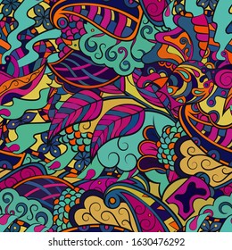 Tracery seamless pattern. Mehndi design. Ethnic colorful doodle texture. Curved doodling background. Vector