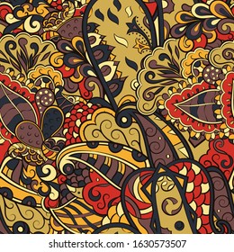 Tracery seamless pattern. Mehndi design. Ethnic colorful doodle texture. Curved doodling background. Vector