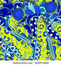 Tracery seamless pattern. Mehndi design. Ethnic colorful doodle texture. Curved doodling background. Vector