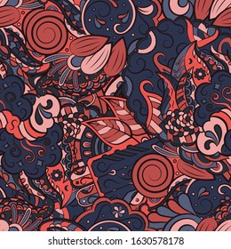 Tracery seamless pattern. Mehndi design. Ethnic colorful doodle texture. Curved doodling background. Vector