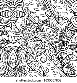 Tracery seamless pattern. Mehndi design. Ethnic monochrome binary doodle texture. Curved doodling black and white background. Vector