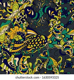 Tracery seamless pattern. Mehndi design. Ethnic colorful doodle texture. Curved doodling background. Vector