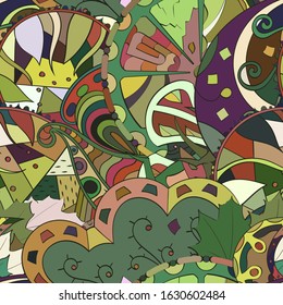 Tracery seamless pattern. Mehndi design. Ethnic colorful doodle texture. Curved doodling background. Vector