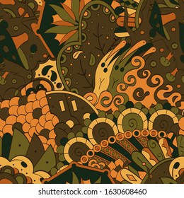 Tracery seamless pattern. Mehndi design. Ethnic colorful doodle texture. Curved doodling background. Vector