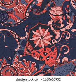 Tracery seamless pattern. Mehndi design. Ethnic colorful doodle texture. Curved doodling background. Vector