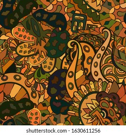 Tracery seamless pattern. Mehndi design. Ethnic colorful doodle texture. Curved doodling background. Vector