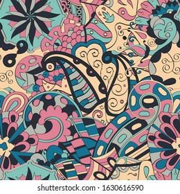 Tracery seamless pattern. Mehndi design. Ethnic colorful doodle texture. Curved doodling background. Vector