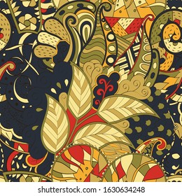 Tracery seamless pattern. Mehndi design. Ethnic colorful doodle texture. Curved doodling background. Vector