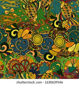 Tracery seamless pattern. Mehndi design. Ethnic colorful doodle texture. Curved doodling background. Vector