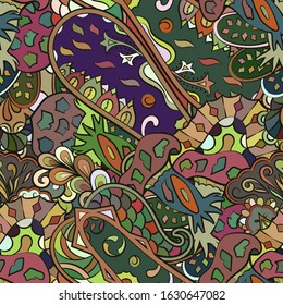 Tracery seamless pattern. Mehndi design. Ethnic colorful doodle texture. Curved doodling background. Vector